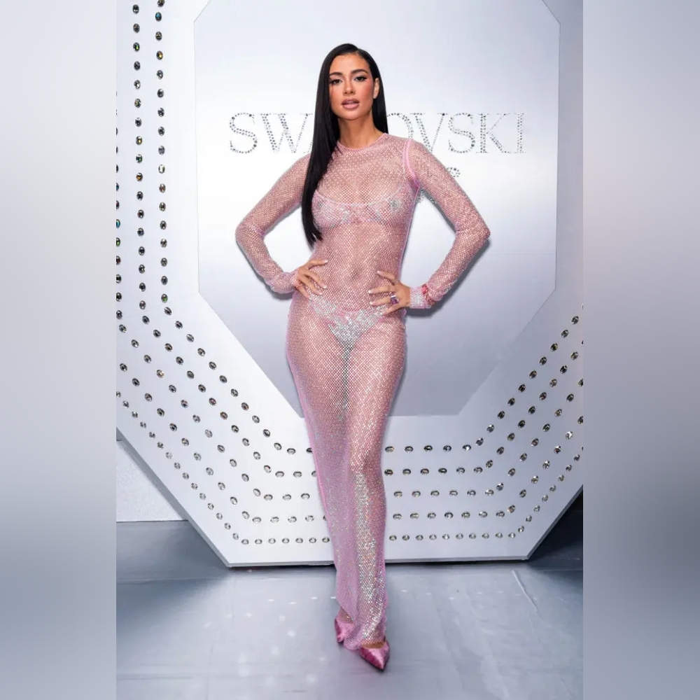 SKIMS X SWAROVSKI STRETCH NET LONG SLEEVE DRESS Mesh Rhinestone - Picture 5 of 9